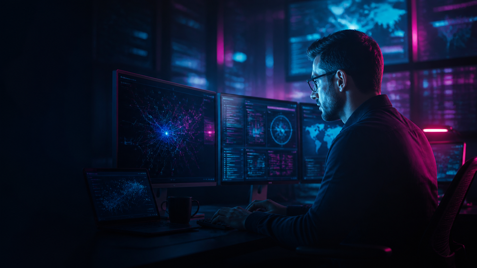 Analista profesional trabajando en un laboratorio de ciberseguridad